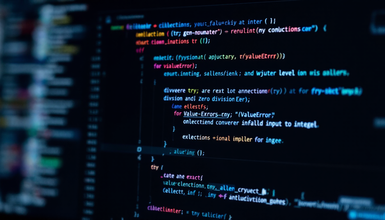 파이썬 예외 처리(try-except) 구문이 보이는 코드 에디터 화면