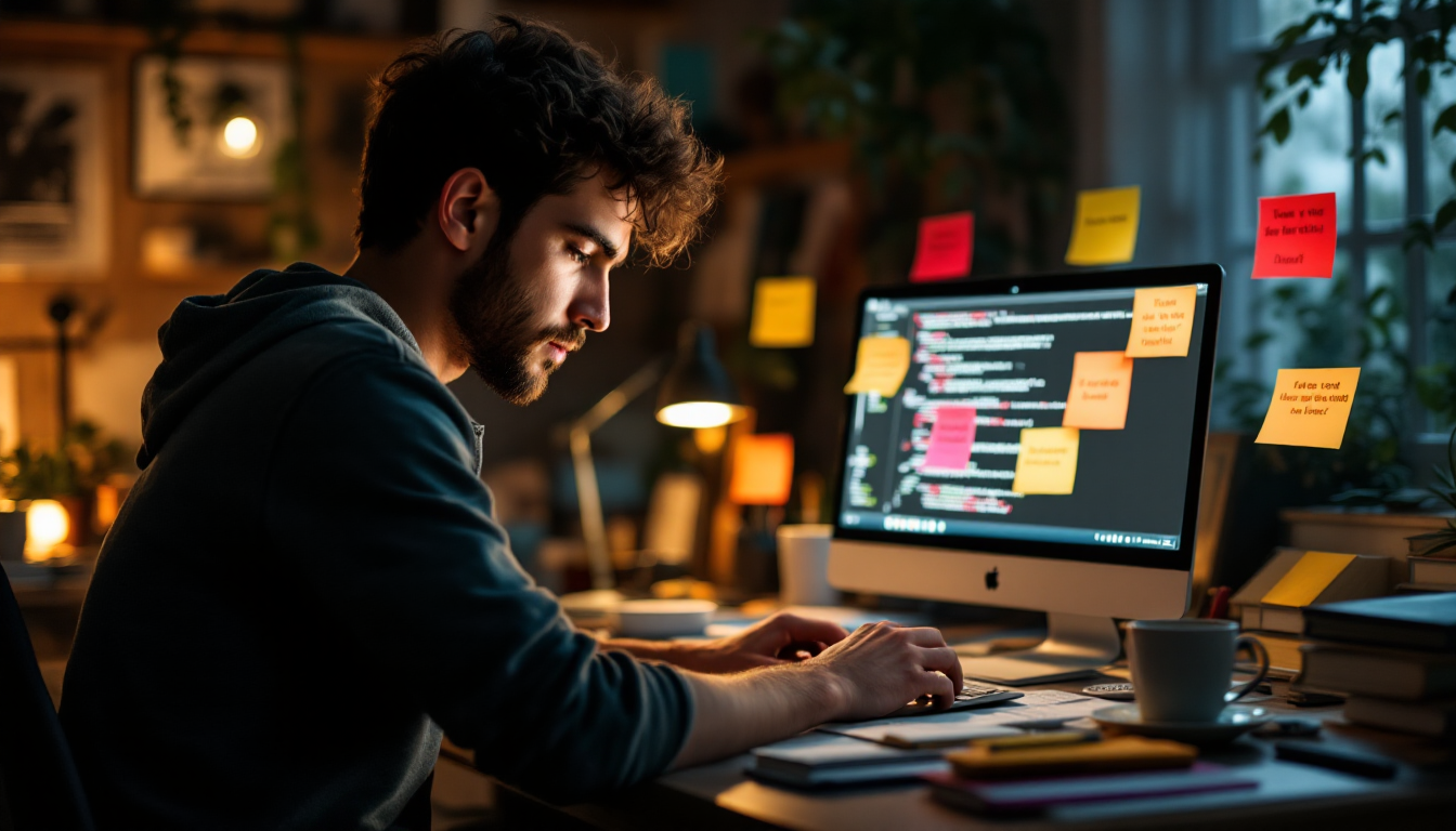 에러 메시지를 보며 포기하지 않고 꾸준히 학습하는 비전공자 프로그래머의 모습