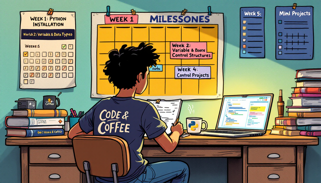 파이썬 초보자를 위한 구체적인 공부 계획과 목표를 나타내는 달력과 체크리스트 이미지