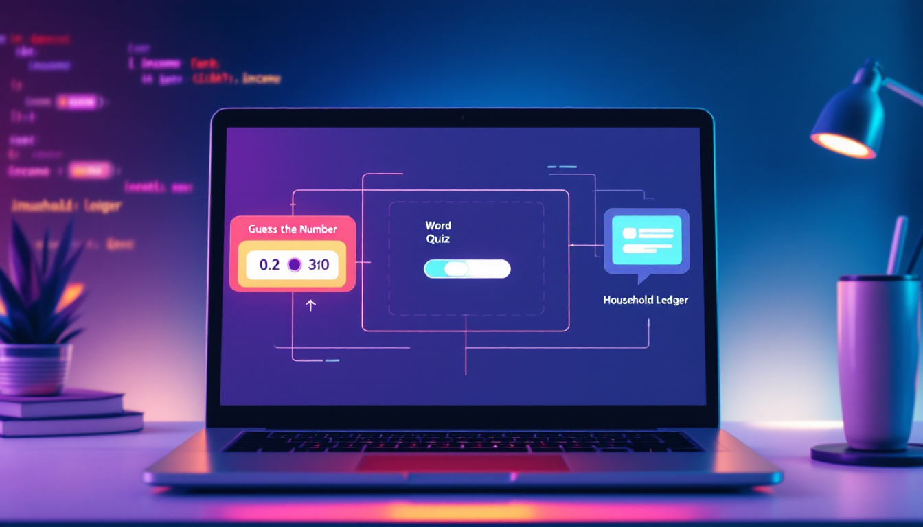 파이썬 초보자용 미니 프로젝트 예시인 숫자 맞추기 게임, 단어 퀴즈, 가계부 프로그램 아이콘 및 컨셉 이미지